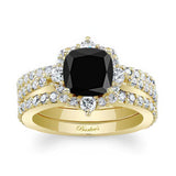 Halo Cushion Cut Black And White Diamond wedding Ring Set With 2 Bands