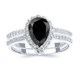 2 Carat Pear Shaped Black And White Diamond Halo Ring Set