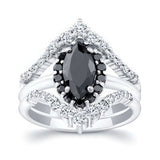 Marquise Cut Black Diamond Wedding Set With 2 White Diamond Bands