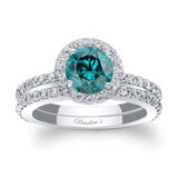 Blue And White Diamond Halo Wedding Ring Set