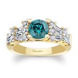 Baguette And Round Blue And White Diamond Ring
