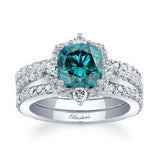 Halo Cushion Cut Blue And White Diamond wedding Ring Set With 2 Bands