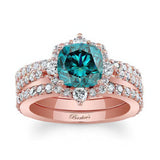 Halo Cushion Cut Blue And White Diamond wedding Ring Set With 2 Bands