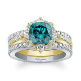 Halo Cushion Cut Blue And White Diamond wedding Ring Set With 2 Bands