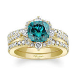 Halo Cushion Cut Blue And White Diamond wedding Ring Set With 2 Bands