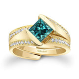 Interlocking Princess Cut Blue And White Diamond Bridal Set