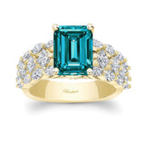 Three Row Emerald Cut Blue And White Diamond Ring