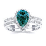 2 Carat Pear Shaped Blue And White Diamond Halo Ring Set