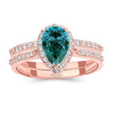Pear Shaped Blue And White Diamond Halo Ring Set