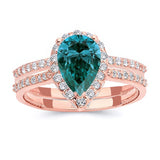 2 Carat Pear Shaped Blue And White Diamond Halo Ring Set