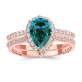 2 Carat Pear Shaped Blue And White Diamond Halo Ring Set