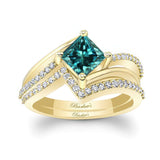 Princess Cut Blue And White Diamond Engagement Ring Set