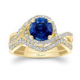 Twisted Halo Blue Sapphire And Diamond Wedding Set