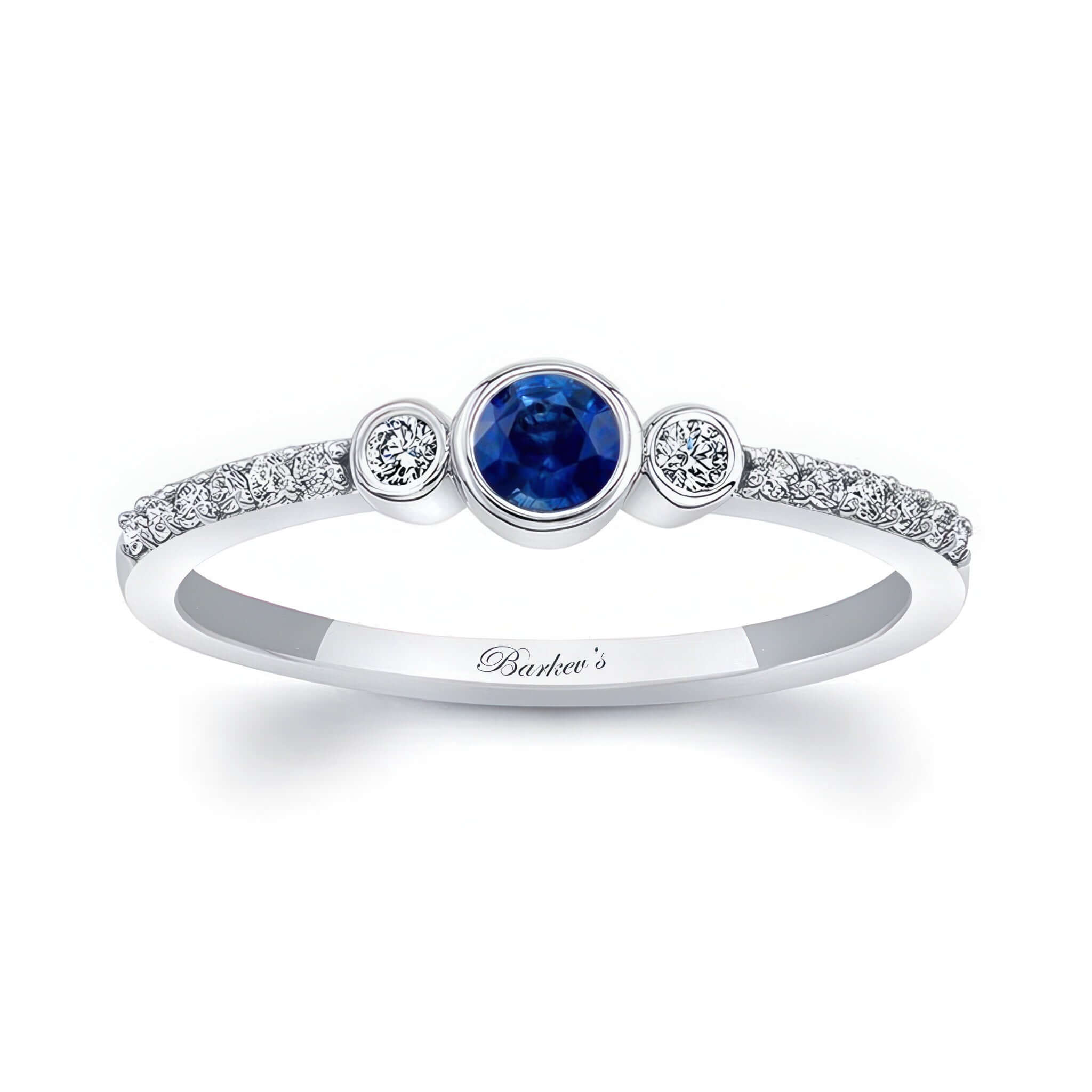 Mia Blue Sapphire three stone diamond promise ring with bezel set diamonds and elegant shank detailing.