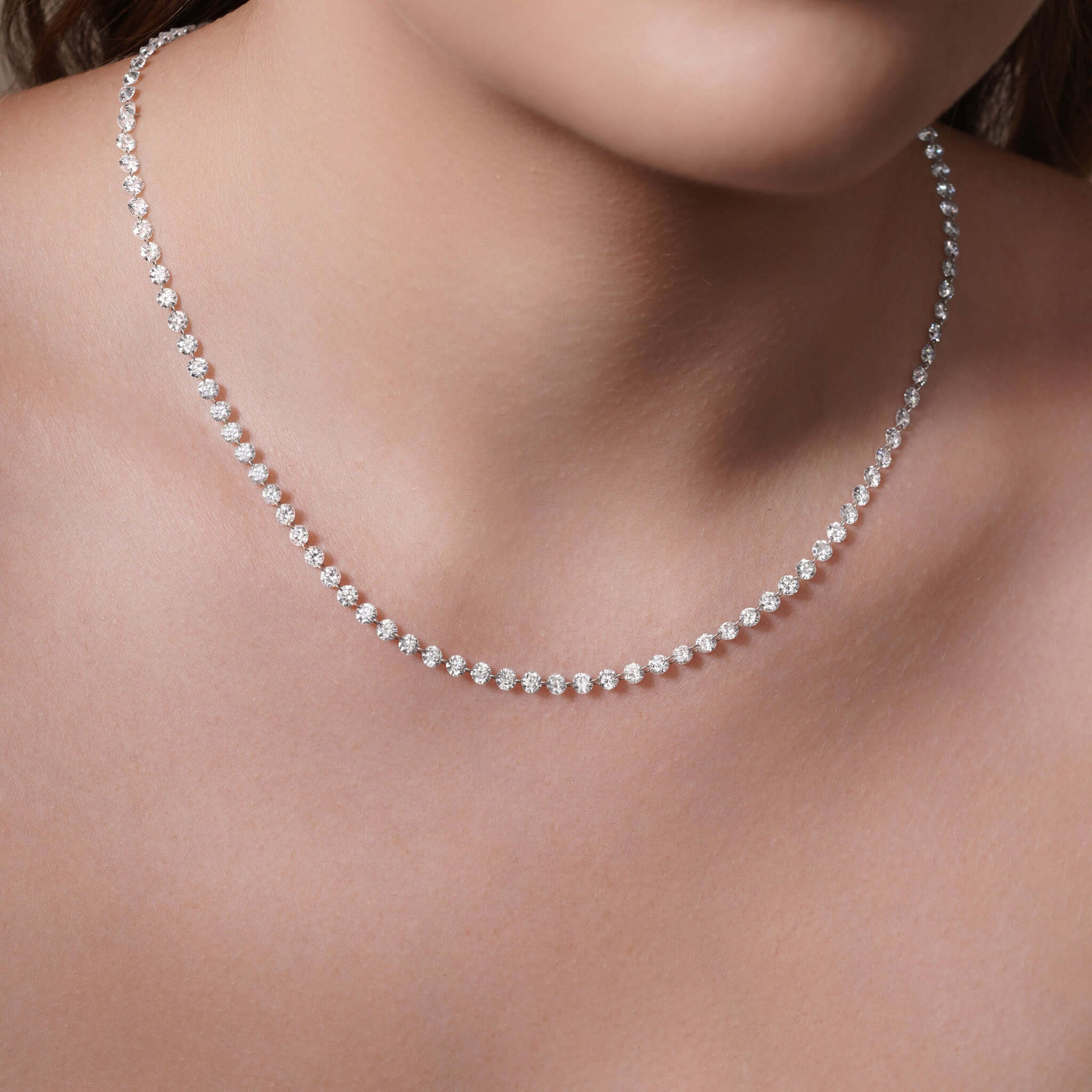 15 Carat Floating Lab Diamond Necklace featuring 107 lab-created diamonds for a modern and elegant look.