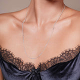 9.8 Carat Floating Lab Diamond Necklace displayed elegantly on a model, showcasing its brilliant design and shimmering diamonds.