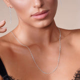Close-up of a model wearing a 9.8 Carat Floating Lab Diamond Necklace, showcasing its elegant sparkle.