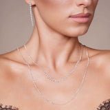 Model wearing a 24.8 Carat Floating Lab Diamond Necklace layered with elegant earrings.