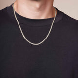 Men's White Gold Miami Cuban Chain worn on a black shirt, showcasing its bold design and solid craftsmanship.
