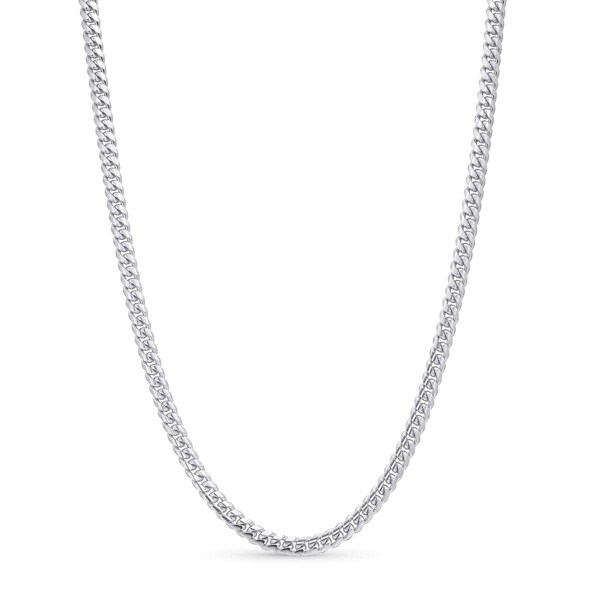 Men's White Gold Miami Cuban Chain displayed elegantly, showcasing 14k solid white gold craftsmanship.