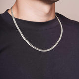 Men's White Gold Miami Cuban Chain worn by a model with a dark t-shirt, showcasing its sleek design and interlocking links.