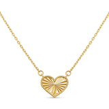 Engraved Heart Necklace in 14k solid yellow gold with textured sunburst design and beaded border.