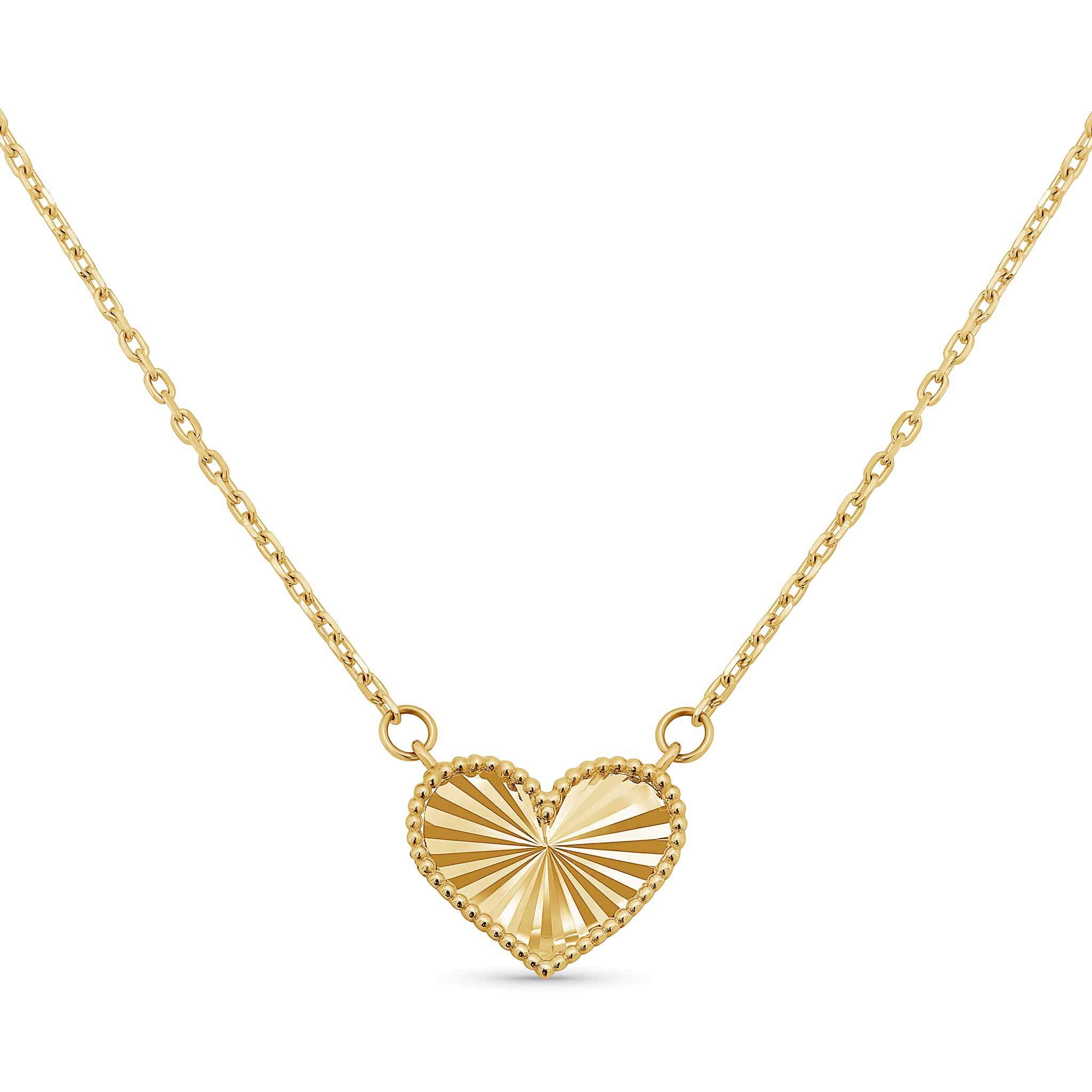 Engraved Heart Necklace in 14k solid yellow gold with textured sunburst design and beaded border.
