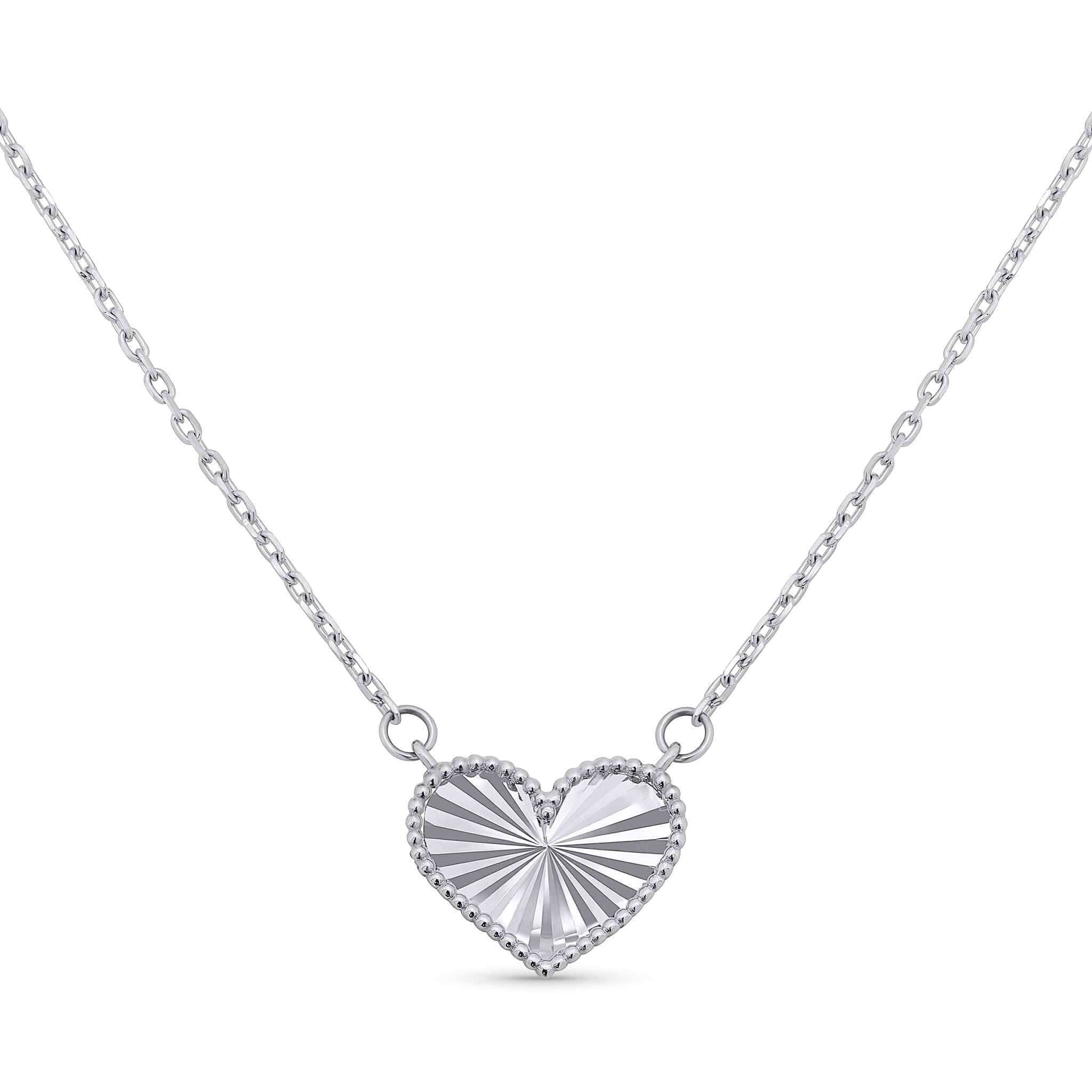 Engraved Heart Necklace in white gold featuring a textured heart-shaped pendant with a beaded border.