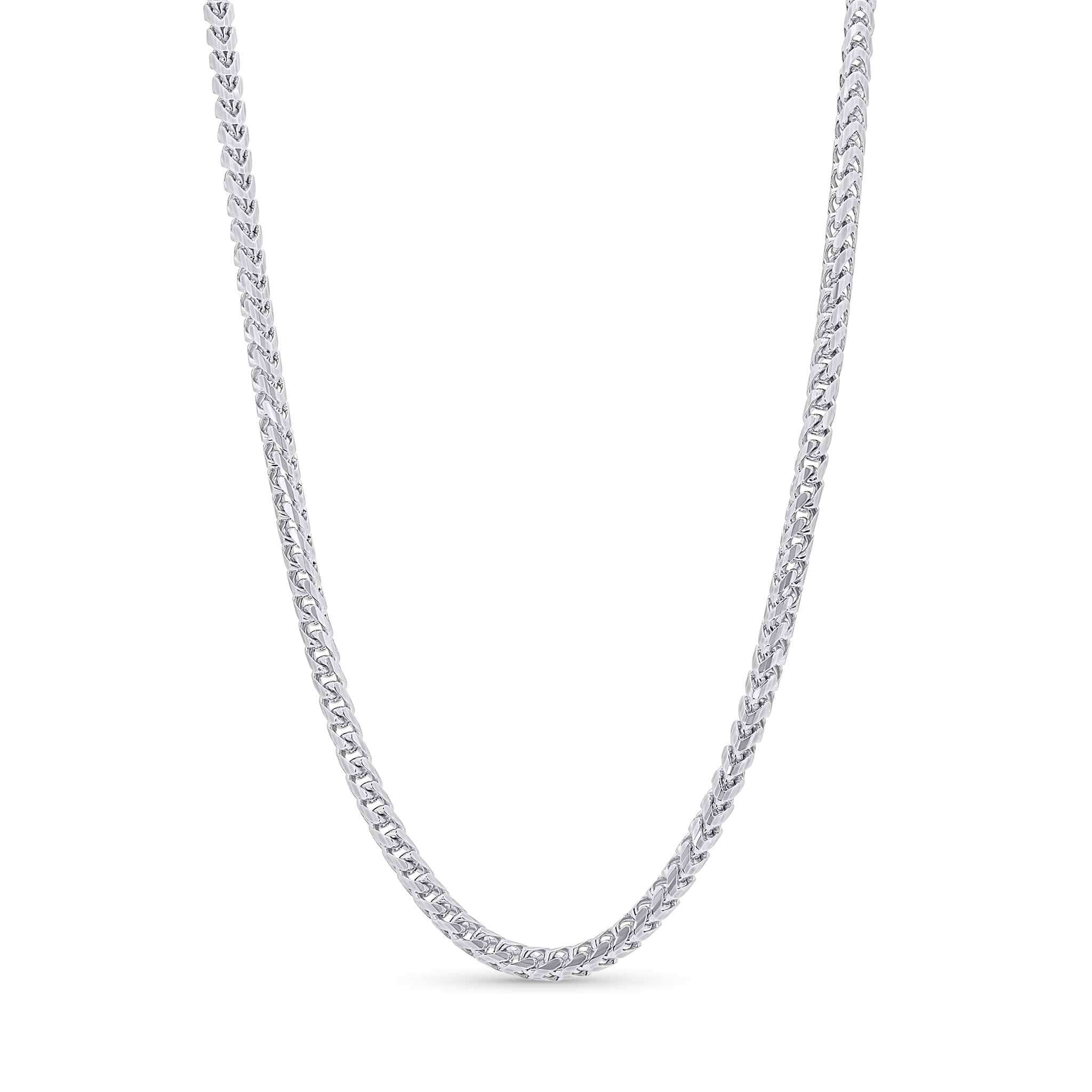 Diamond Cut Franco Chain in polished white gold, showcasing its diamond-cut facets and elegant V-shaped links.