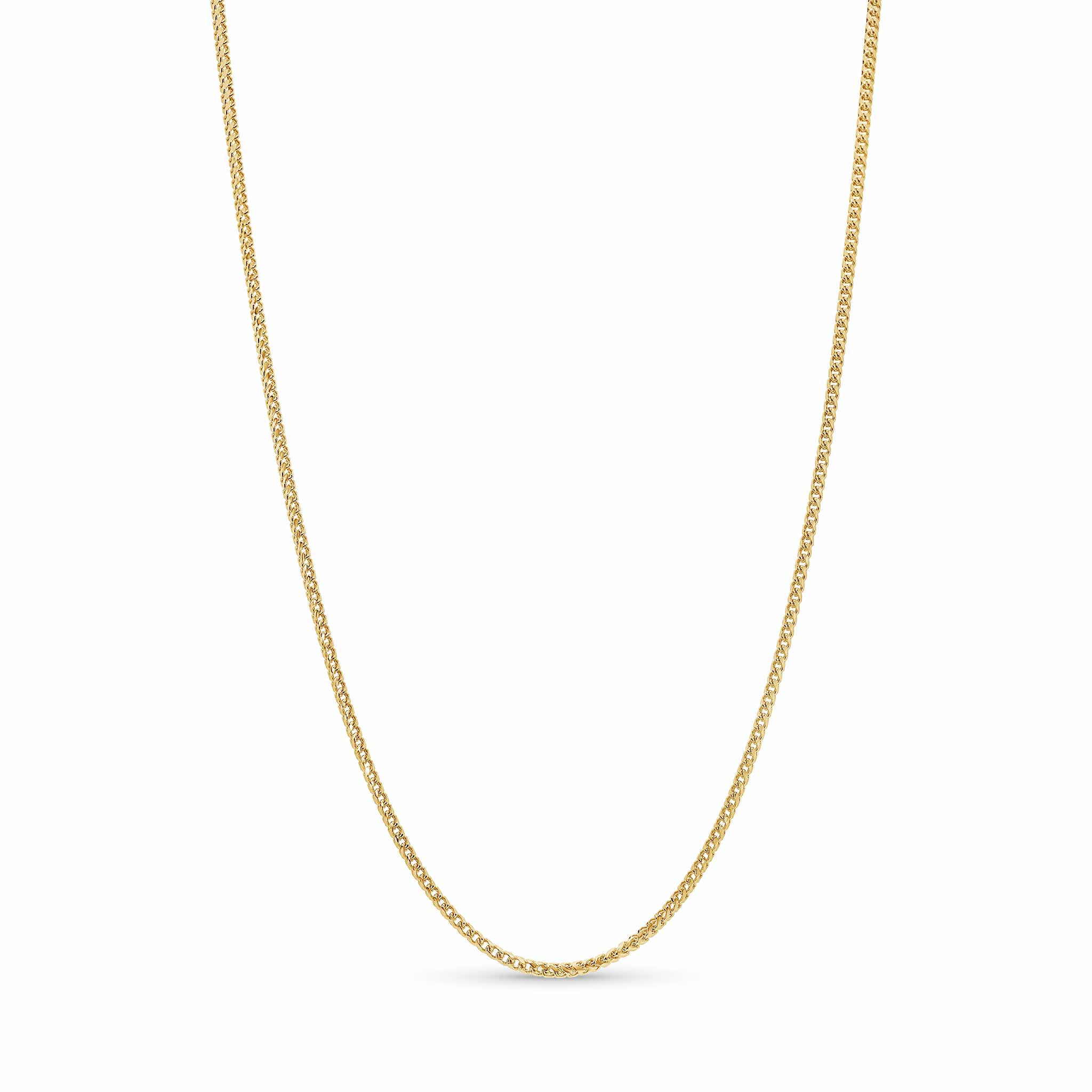 Diamond Cut Franco Chain in 14k solid yellow gold, featuring sparkling diamond-cut facets, available in various thicknesses.