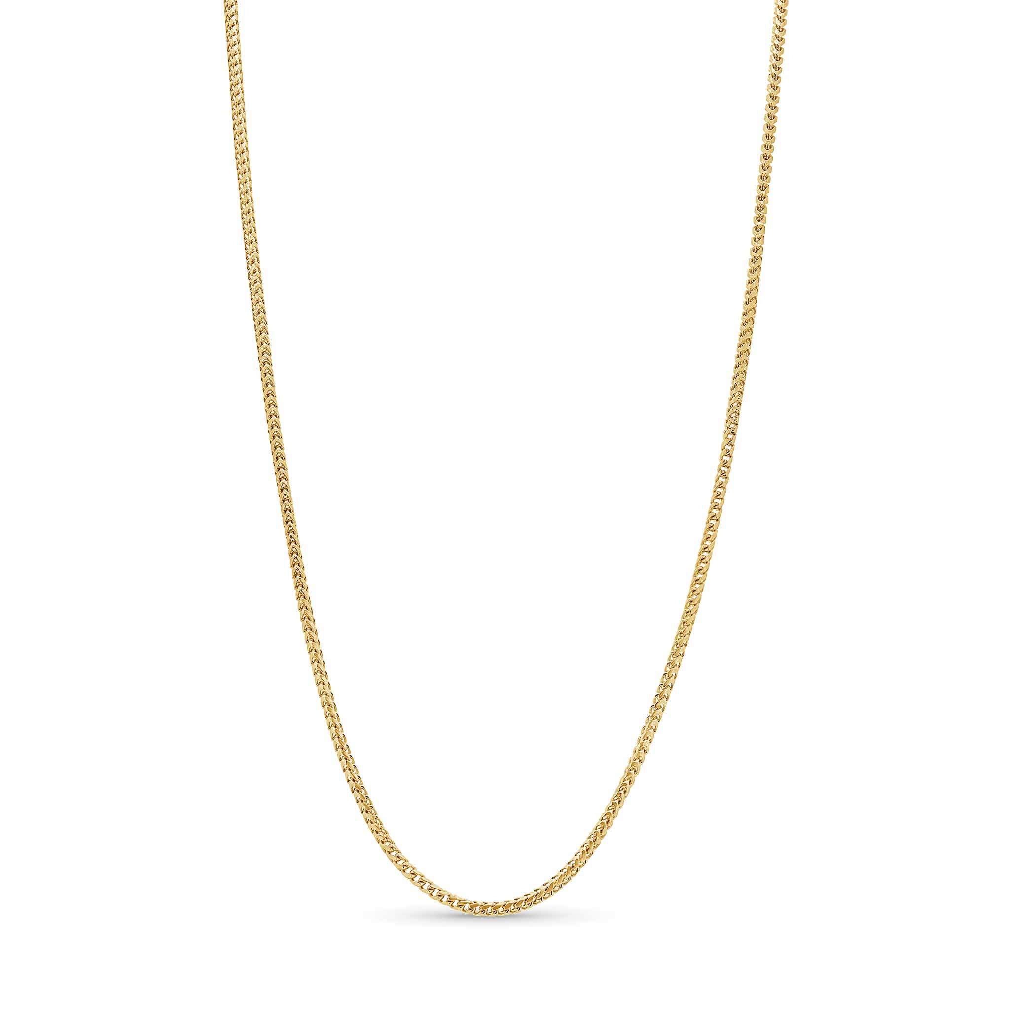 Diamond Cut Franco Chain in solid yellow gold, 18-inch length with sparkling diamond-cut facets.