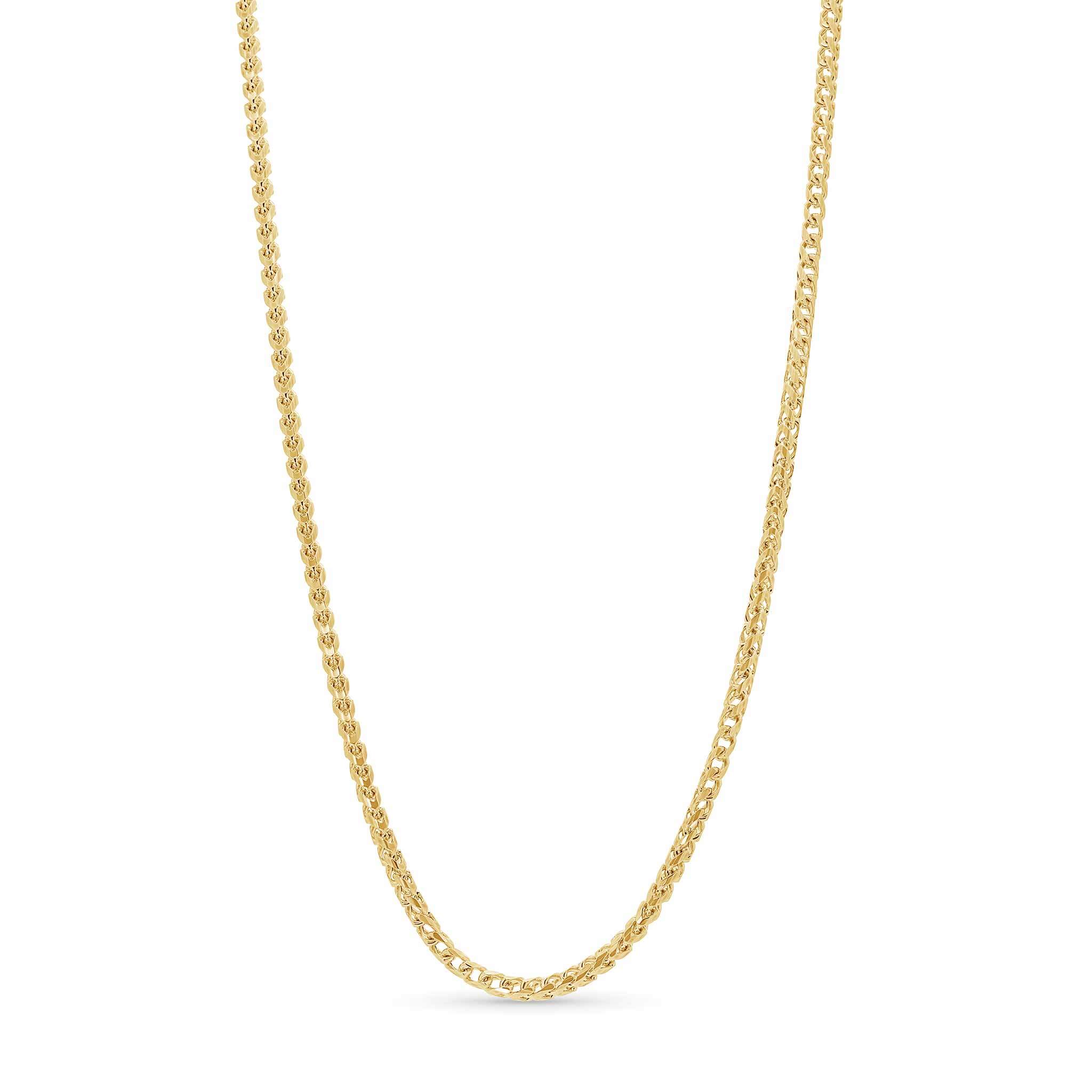 Diamond Cut Franco Chain in 14k solid yellow gold, featuring V-shaped links with diamond-cut facets.