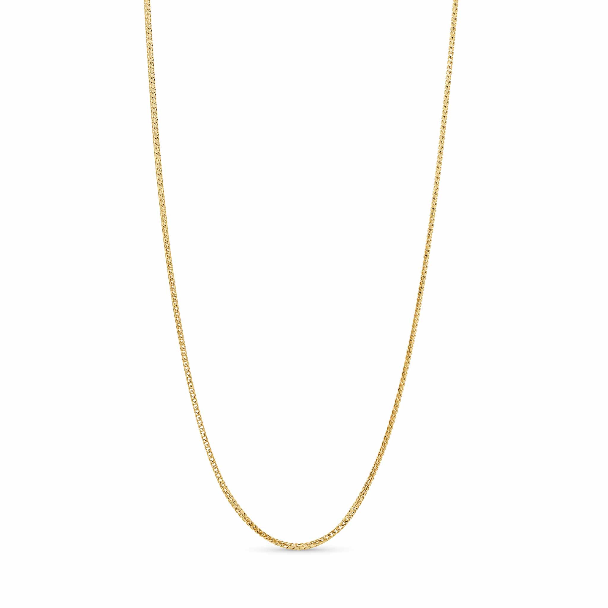 Franco Gold Chain in solid yellow gold, 20-inch length, featuring sleek interlocking V-shaped links.