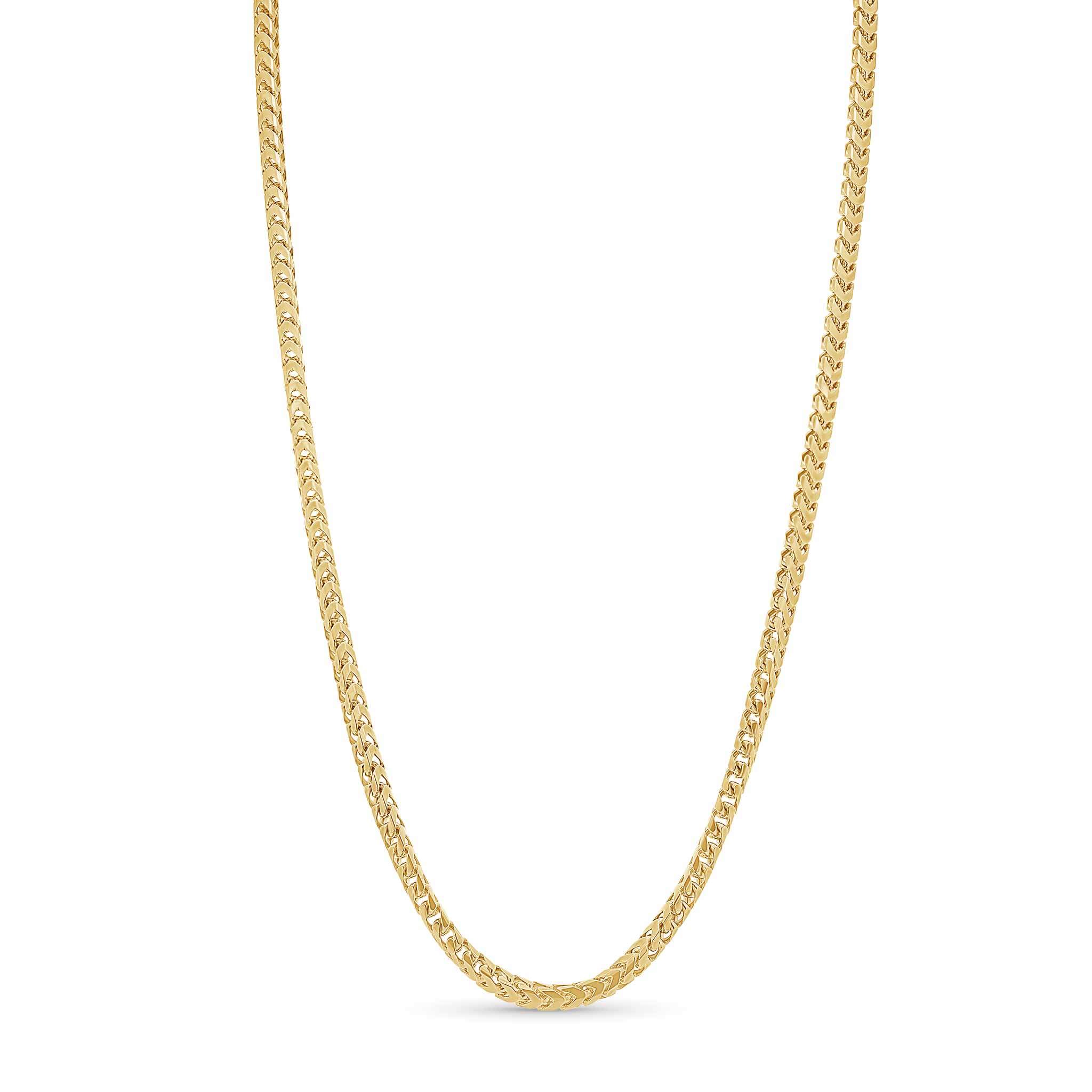 Men's Franco Gold Chain in 14k solid yellow gold featuring strong V-shaped links and sleek design.