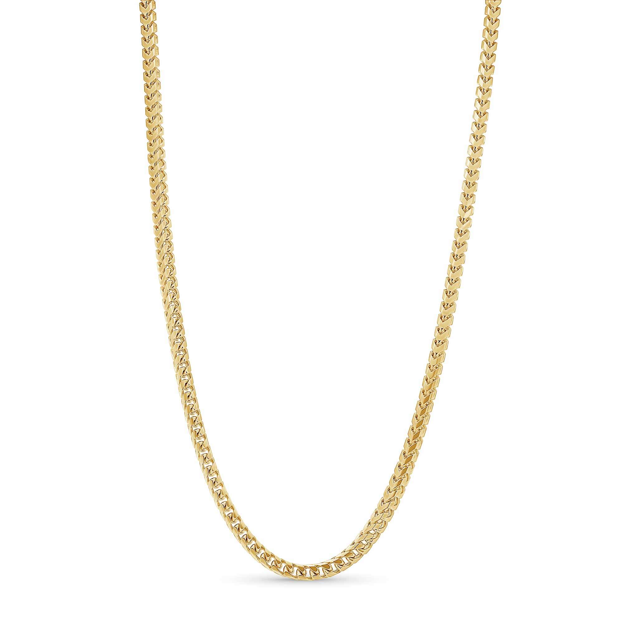 Men's Franco Gold Chain in 14k solid yellow gold, showcasing sleek interlocking V-shaped links.