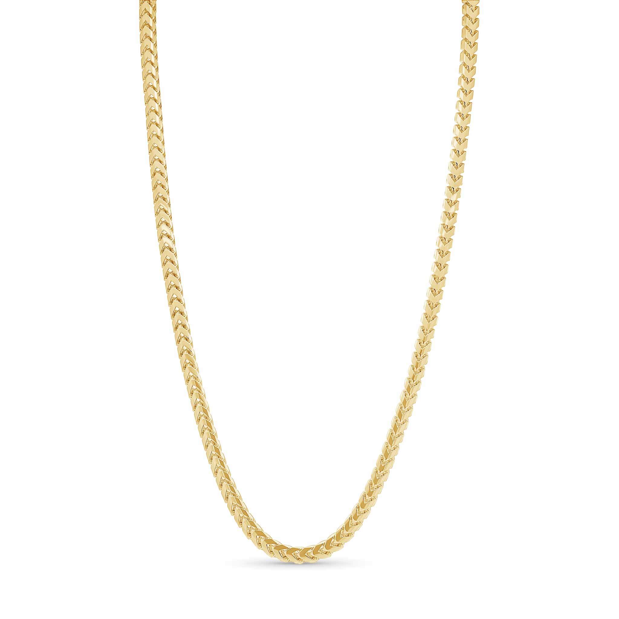 Men's Franco Gold Chain made of 14k solid yellow gold, displaying sleek V-shaped links for a bold style.
