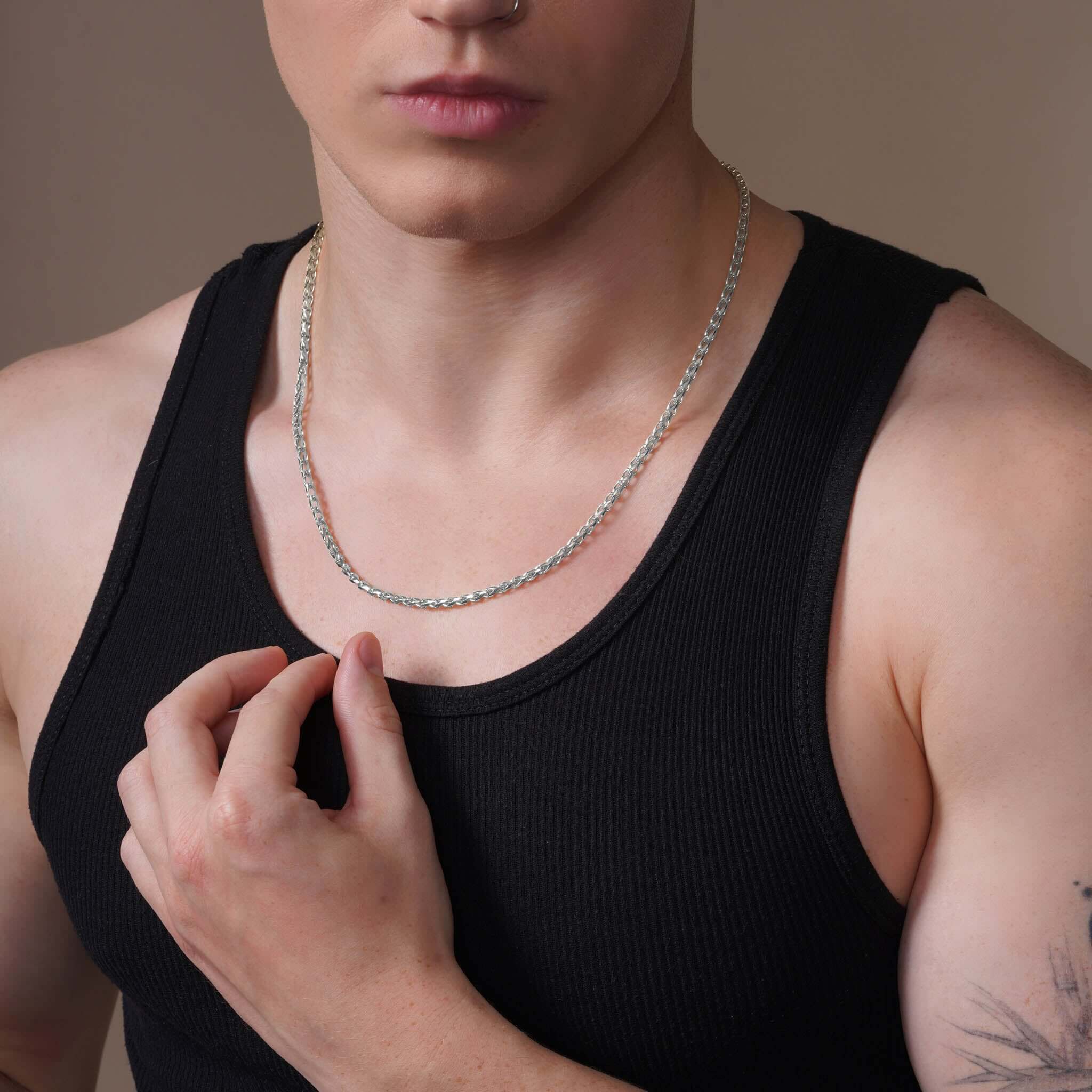 Men's Open Franco Gold Chain worn by a model showcasing its elegance and durability.