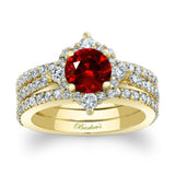 Classic Halo Ruby And Diamond Bridal Set With 2 Bands