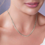 Curb Silver Chain elegantly showcased on a woman's neck, highlighting its timeless design and sophisticated appeal.
