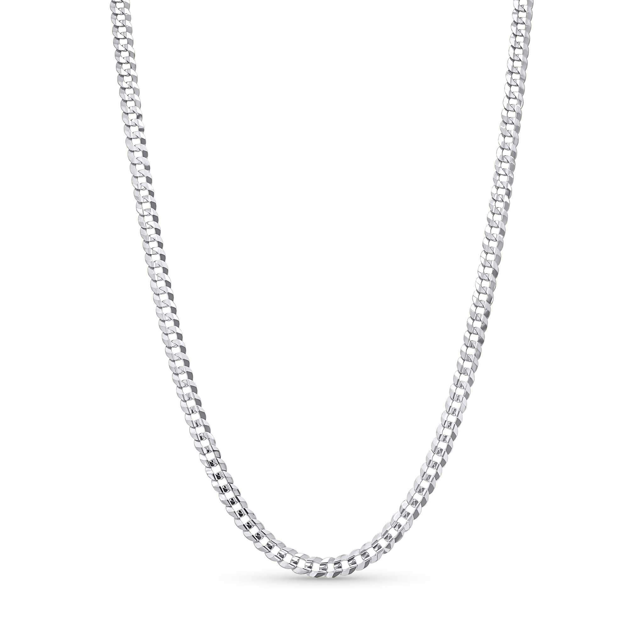 Curb Silver Chain displayed against a white background, showcasing its timeless design and durable silver links.