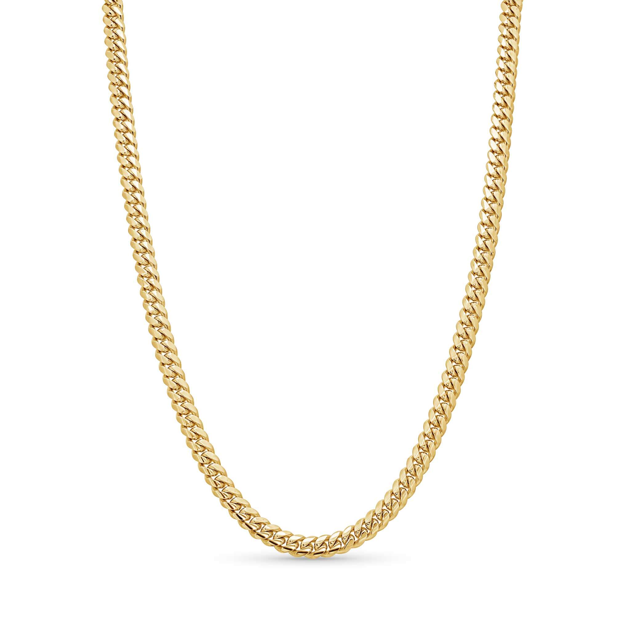Vermeil Miami Cuban Chain exhibiting a thick interlocking design with a lustrous golden glow, perfect for layering.