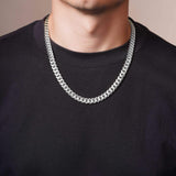 Men's Silver Miami Cuban Chain worn by a model featuring tightly interlocked links and a sleek silver finish.
