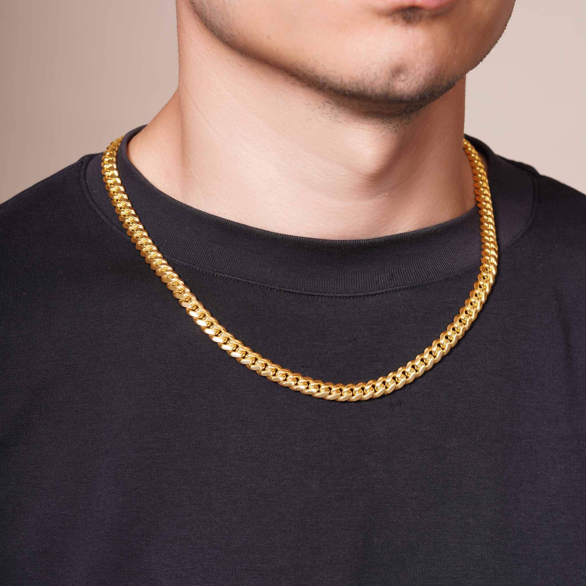 Men's Vermeil Miami Cuban Chain showcasing 18k gold vermeil on a male model's neck.