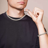 Men's Silver Miami Cuban Chain worn by a model, showcasing its sleek design and polished finish.