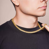 Men's Vermeil Miami Cuban Chain displayed on a model, showcasing its luxurious gold vermeil craftsmanship.