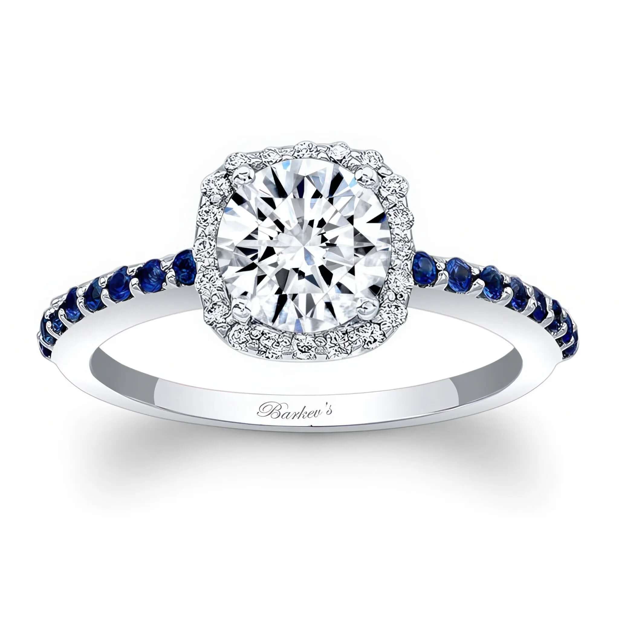 1 Carat Round Diamond Halo Engagement Ring With Blue Sapphires SKU: 7838LBS