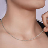 Silver Rolo Chain showcased on a model's neck, featuring smooth, polished sterling silver links.