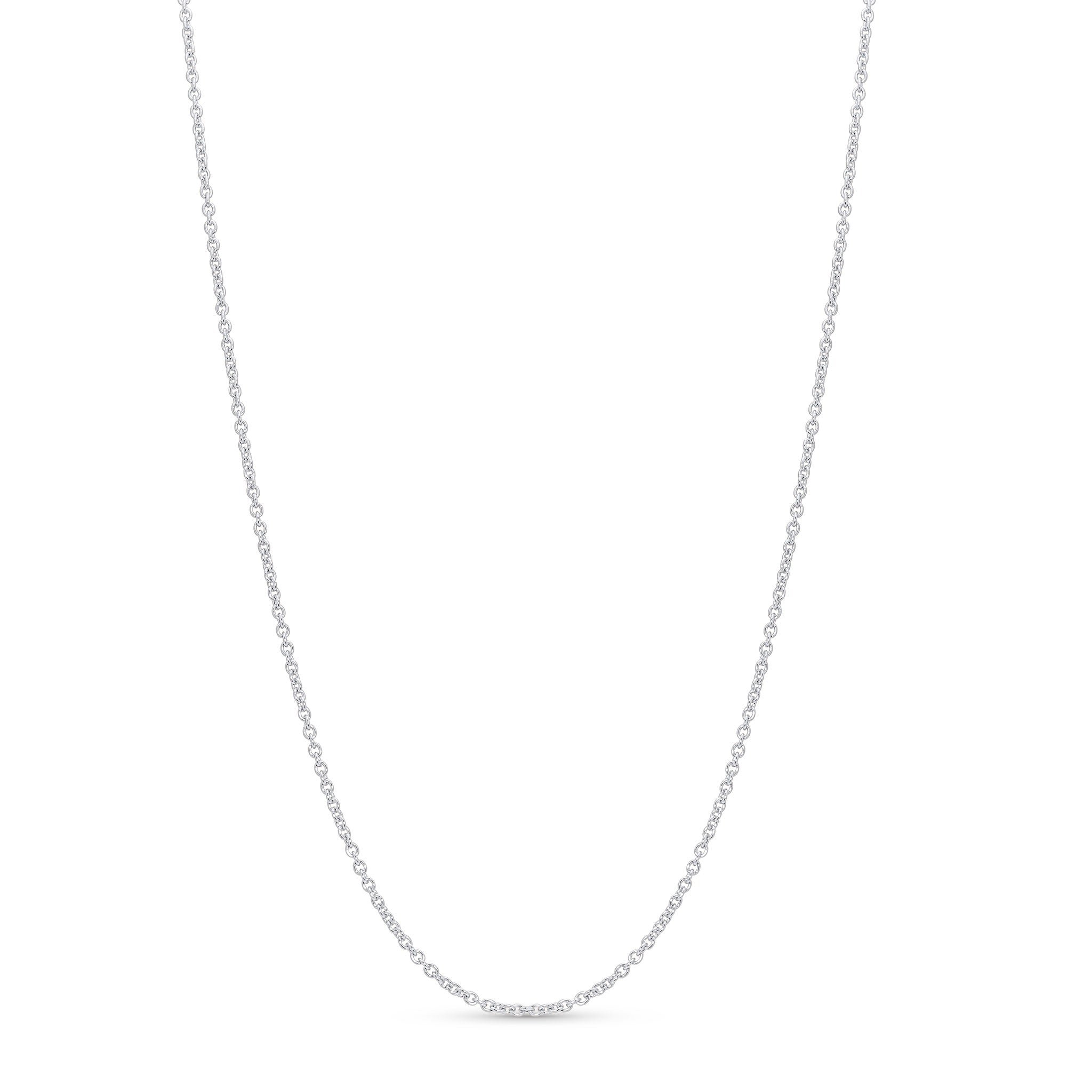 Silver Rolo Chain featuring smooth, polished sterling silver links, ideal for pendants or as a standalone piece.