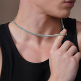 Men's Franco Silver Chain displayed on a model, highlighting its polished sterling silver and distinctive interlocking links.