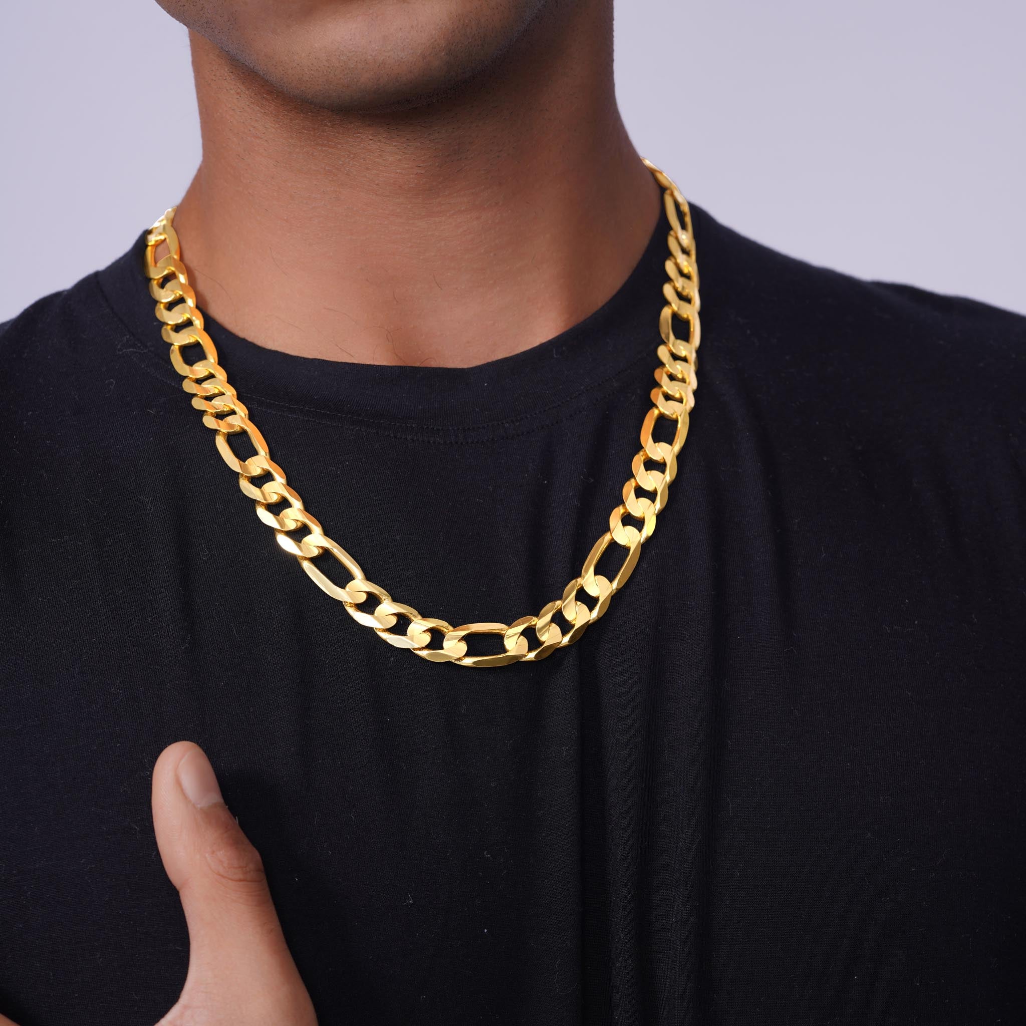 Men's Figaro Vermeil Gold Chain worn by a model showcasing its elegant design and robust plating.